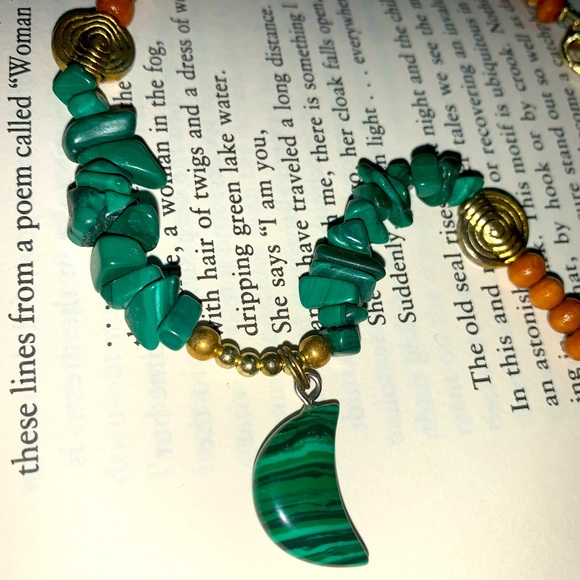 Bohemian Wood & Malachite MOON Necklace - Picture 3 of 4